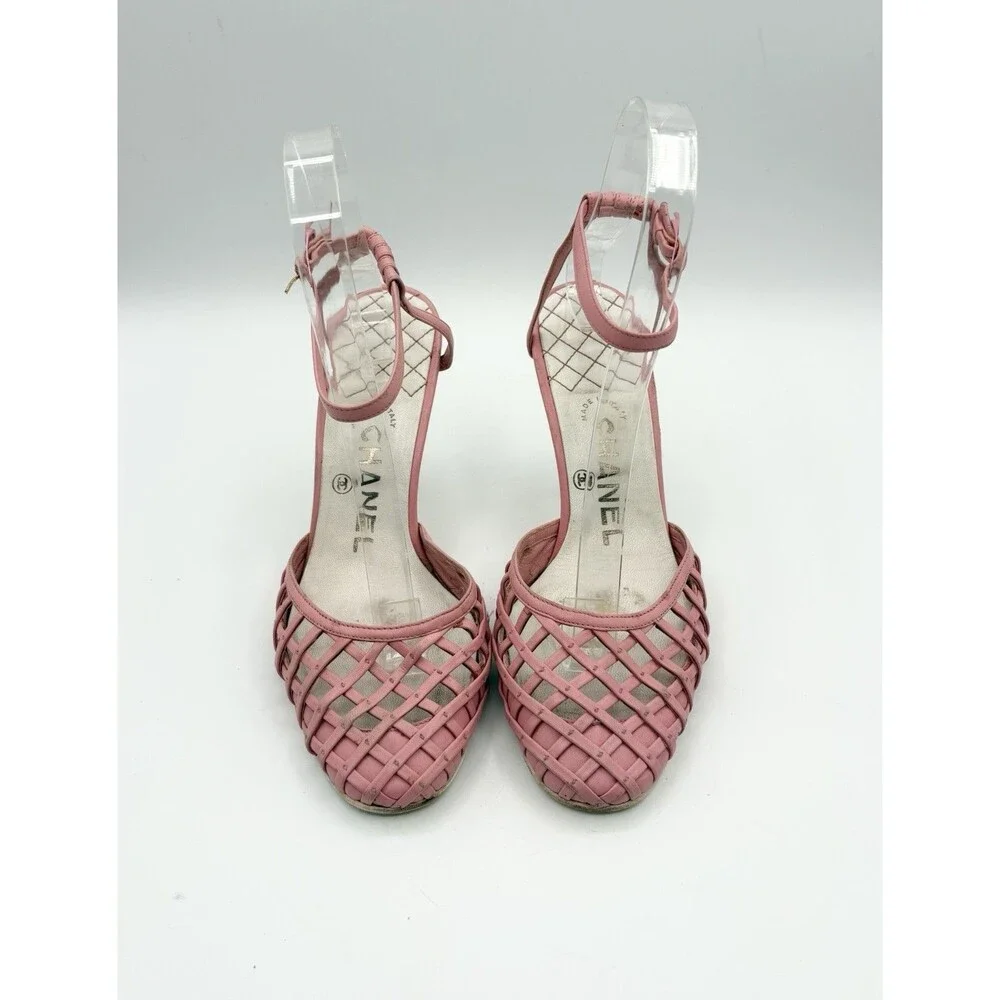 Chanel Pink Basketweave Leather CC Logo Ankle Strap Heels D'Orsay Sz EU 35.5 - Picture 5 of 12
